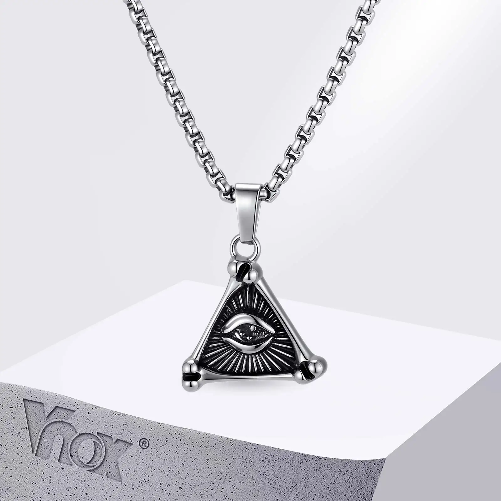 Vnox Geometrische Halskette mit Anhänger „Auge der Vorsehung“ im Dreieck, Vintage-Silberfarbene Punk-Kette, Schmuck für Männer, Glücksamulett-Geschenk
