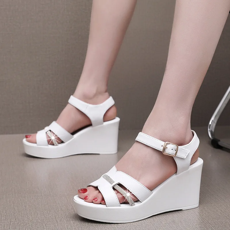 Sexy Genuine Leather Rhinestone Women'S Heel Summer Shoes Female Wedge Heel Dress Woman Sandals Platform Size 32 33 34 36 37 43 - Image 2