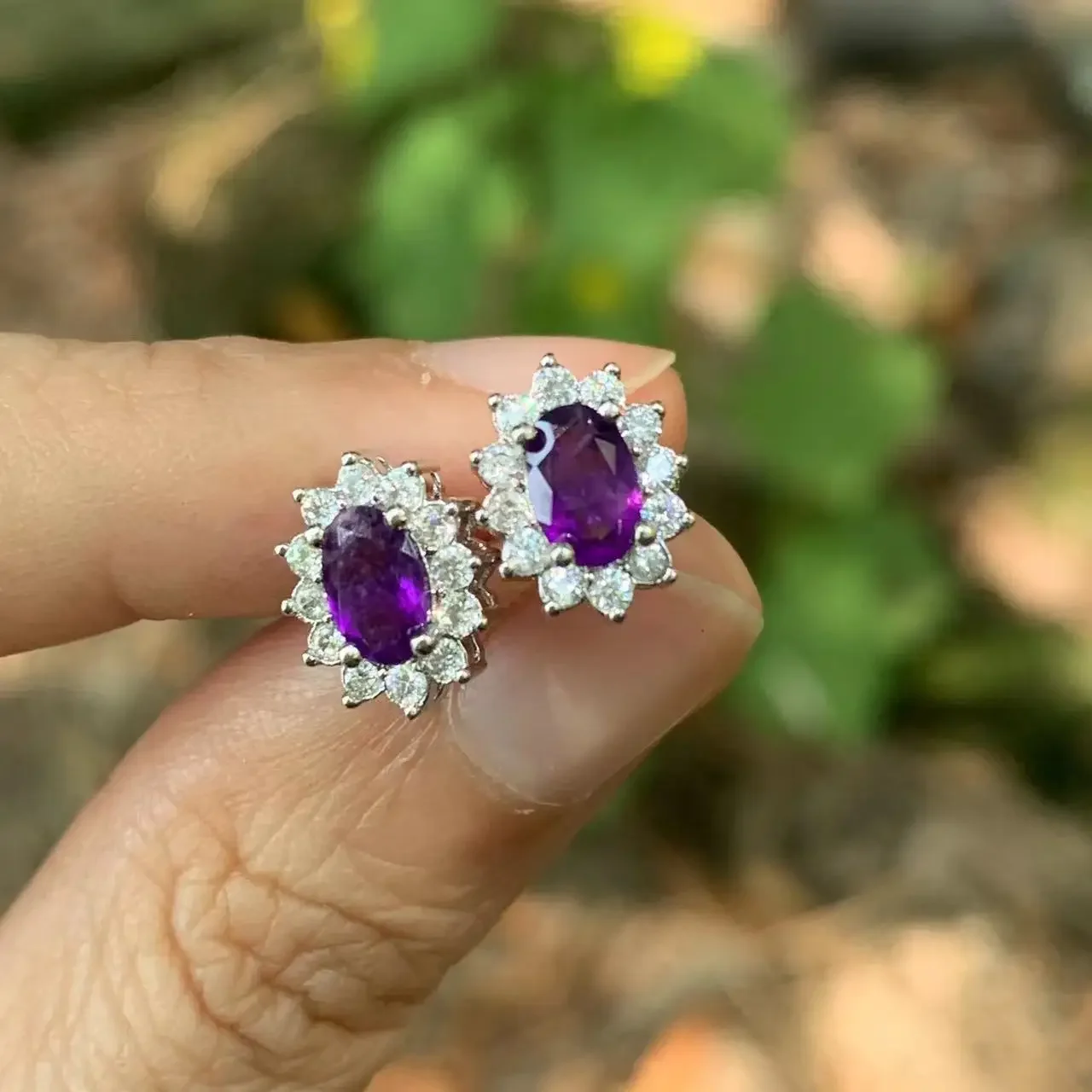 Genuine Natural Amethyst 925 Sterling Silver Stud Earrings for women Jewelry Gift  1.4ct Ocean Blue Topaz Oval Pave CZ