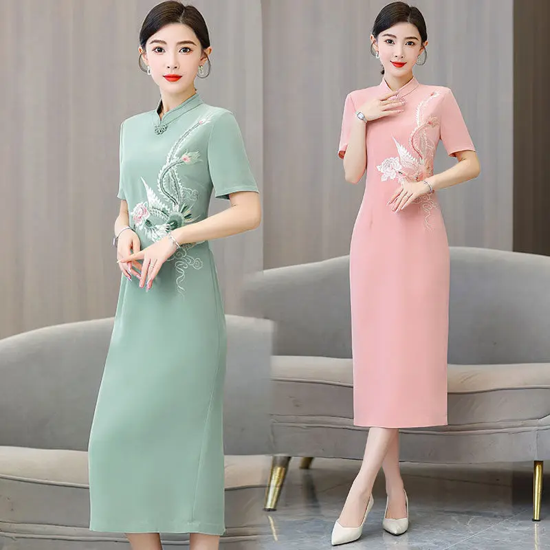 

Clothing 2023 Acetic Acid Chinese Summer Exquisite Embroidery Flower Fashionable Elegant Long Slim Women's Dress Qipao Z1621