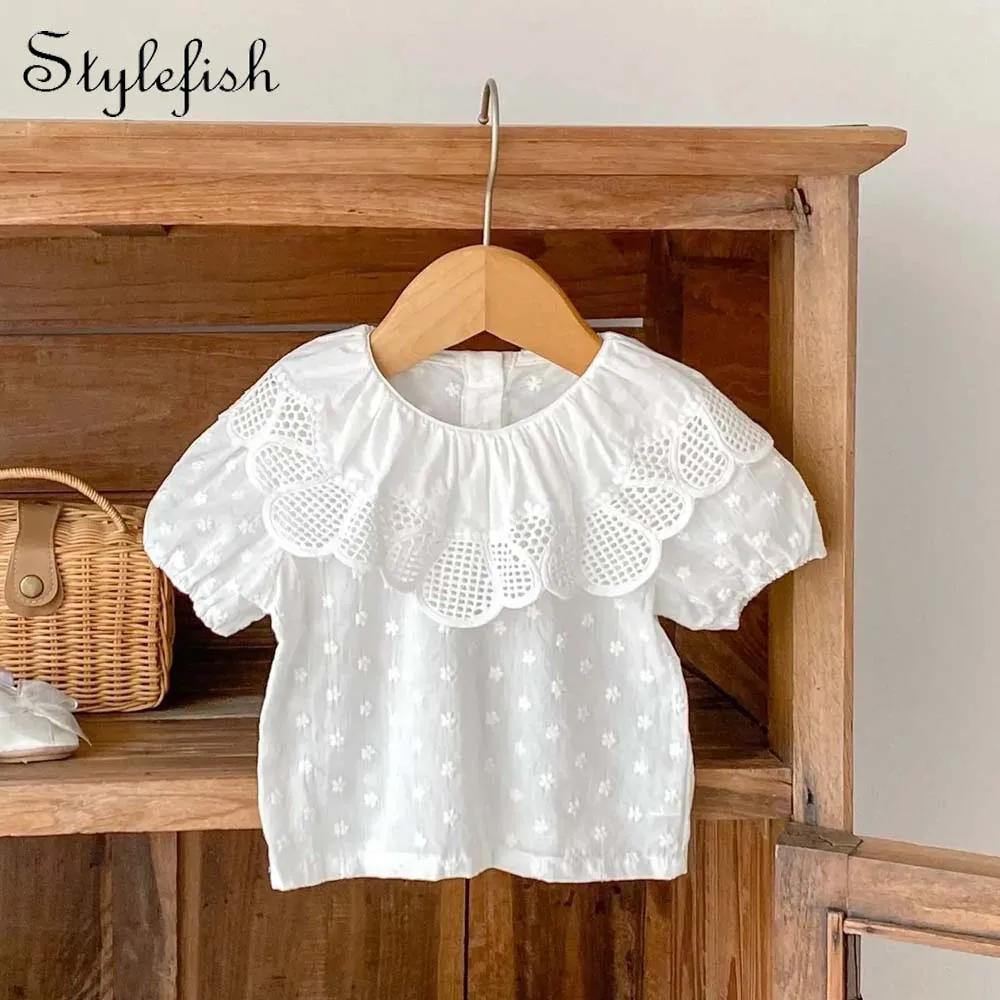 Summer Baby Girl Baby Trend Sweet Everything Solid Color Big Lace Collar Embroidery Small Flower Bubble Short Sleeve Blouse Base baby girl clothes kids bottoming shirt