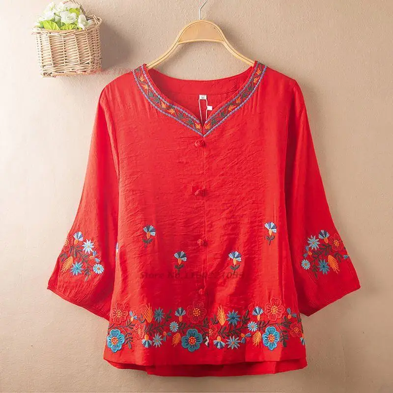 

2023 chinese vintage blouse hanfu tops tradtional tang suit ethnic blouse retro shirts national flower embroidery v-neck blouse