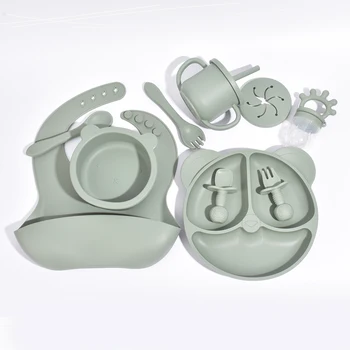 10pcs Children's Silicone Dinner Plate Set Strong Suction Anti-Fall Children's Eating Training Bowl Fork Spoon Feeding Tableware