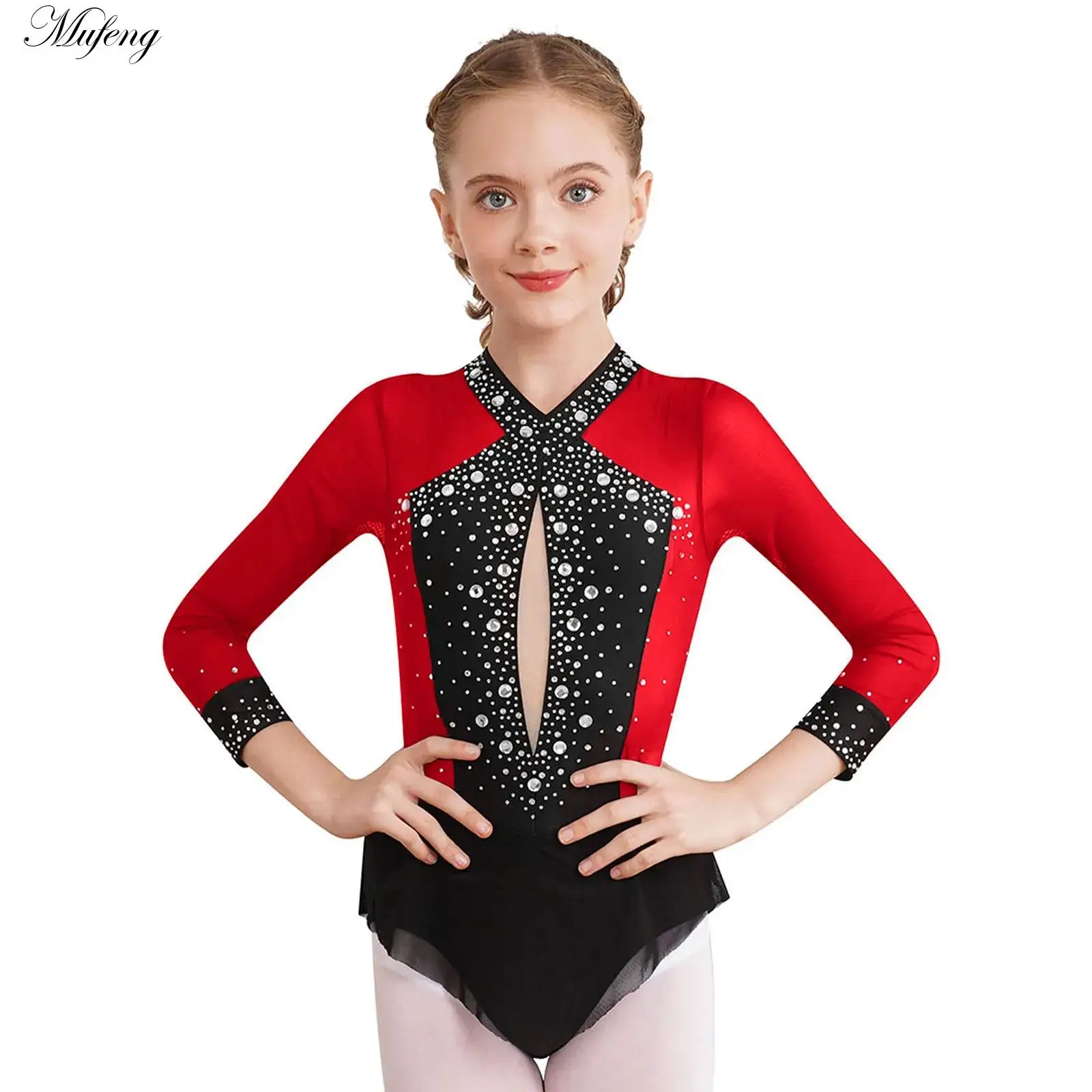 

Kids Girls Metallic Sparkly Gymnastics Figure Skating Dress Rhinestone Sheer Mesh Tutu Ballroom Ballet Dance Costume Clothing