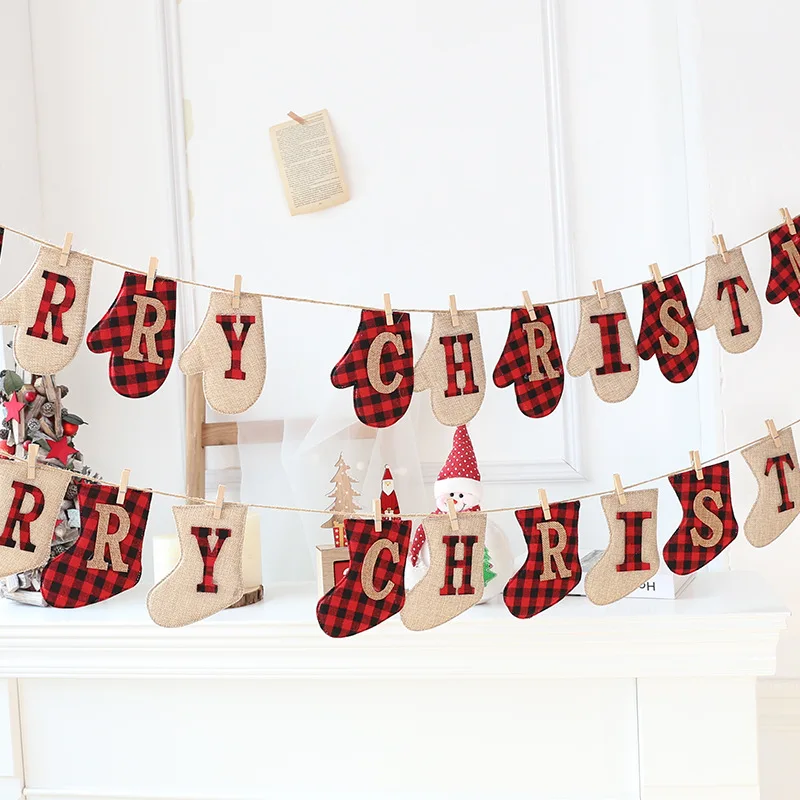 

Christmas Decoration Red Checkered Linen Christmas Socks Flag Pulling Hotel Window Display Shop Atmosphere Scene Props Pendants