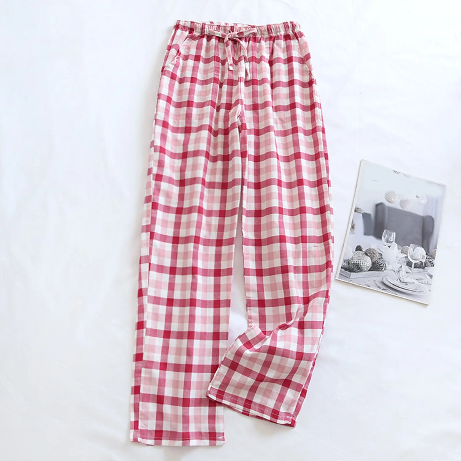 

Spring And Summer Pants Checkered Pajama Women Cotton household Pants Loose Comfortable Thin Elastic-Waist Drawstring Trousers