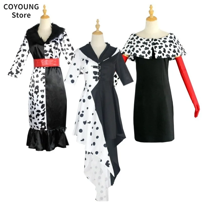 

COYOUNG Store Movie Cruella De Vil Dress Cosplay Women Polyester Spotted Black White Dresses Halloween Performance Party Costume