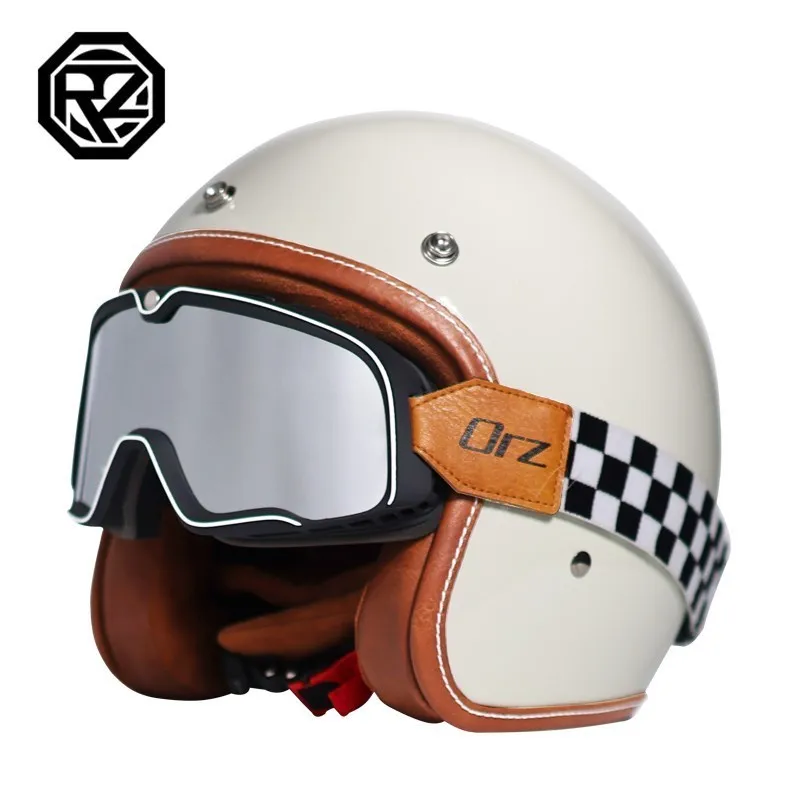 3/4 couro retro capacete, abertura da motocicleta, helicóptero