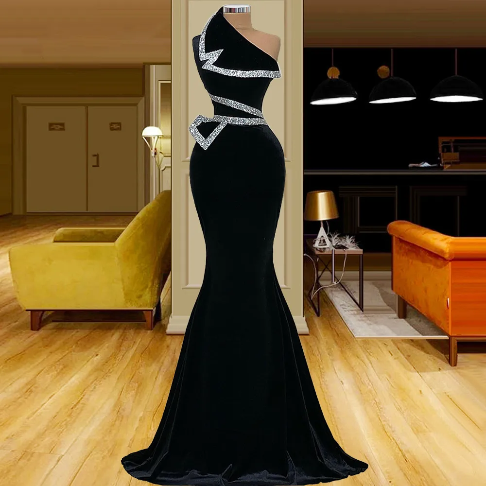 Vestido De noche De sirena De un hombro para mujer, traje De terciopelo negro, elegante, De lujo, Formal, largo, para fiesta y graduación, 2023