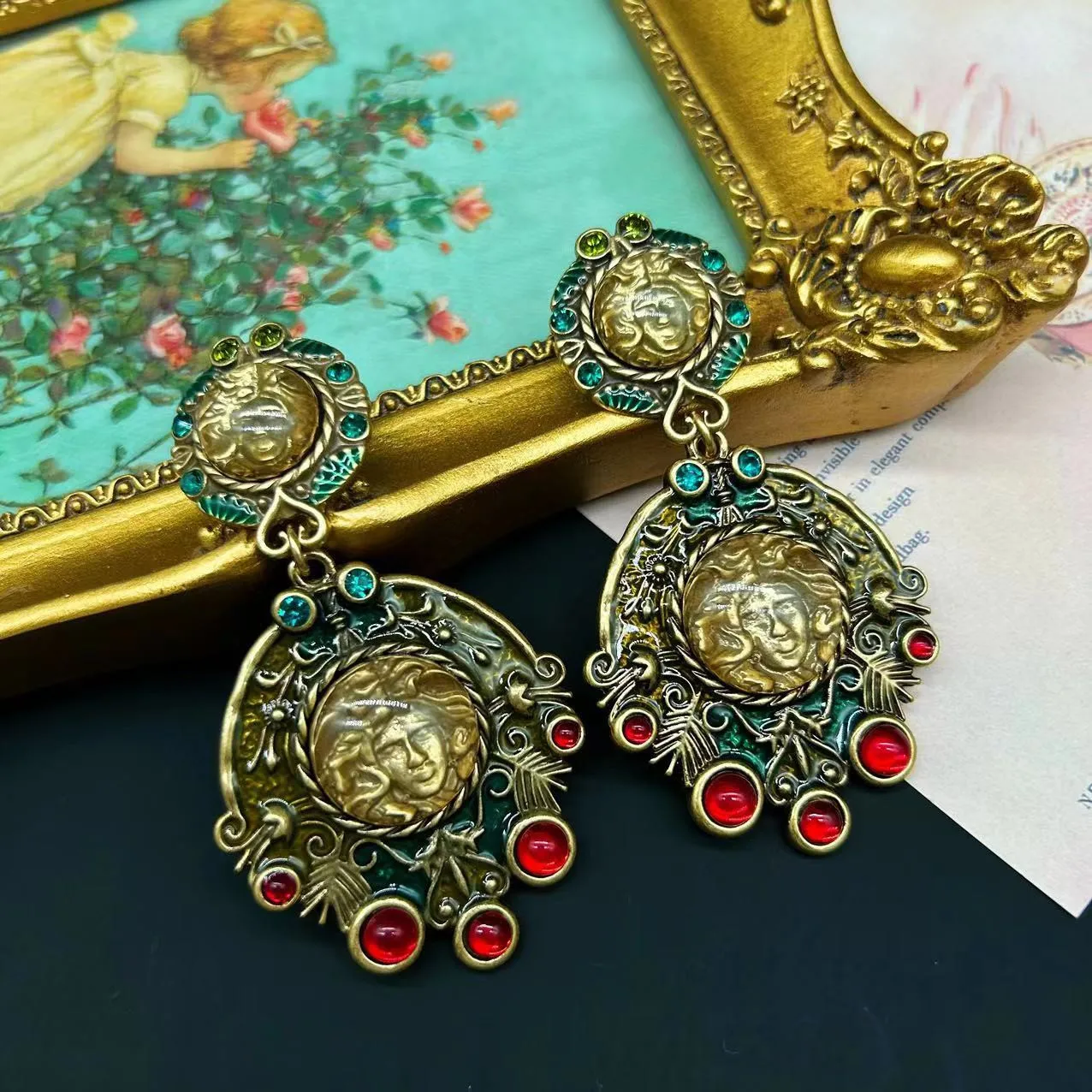 

Vintage Palace Style Head Statue Tassel Enamel Glass Earrings
