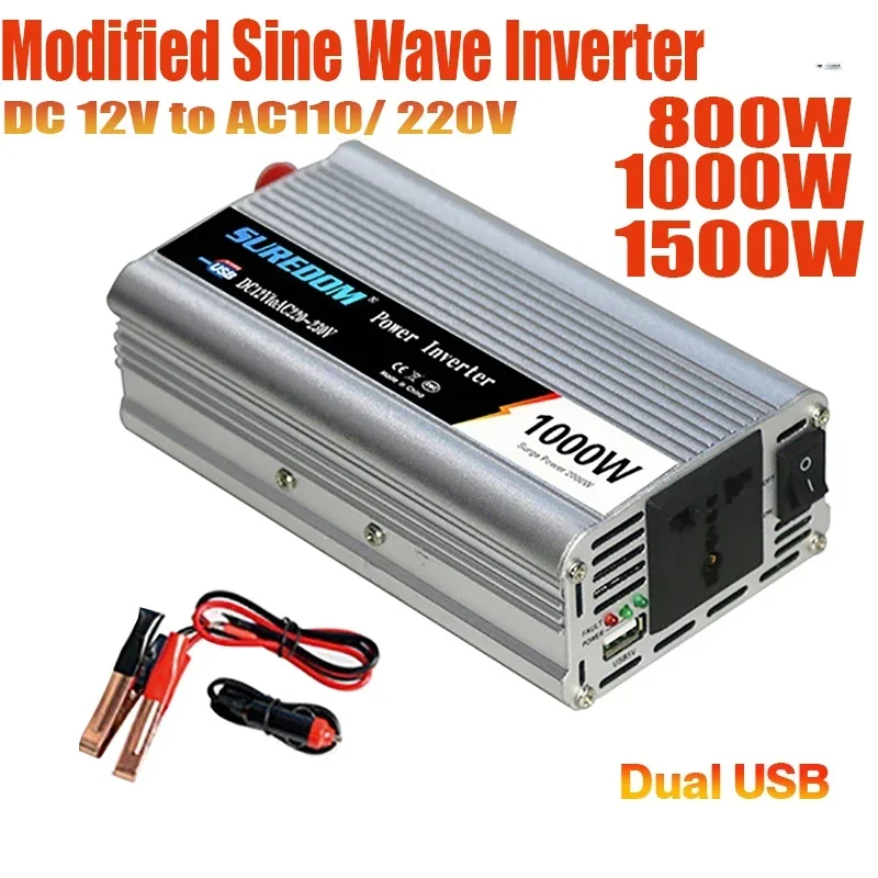 Modified Sine Waveอินเวอร์เตอร์Dual USB 800/1000/1500W 12V To 220V 110VรถConverterพลังงานแสงอาทิตย์กลางแจ้งฉุกเฉินอินเวอร์เตอร์ 1