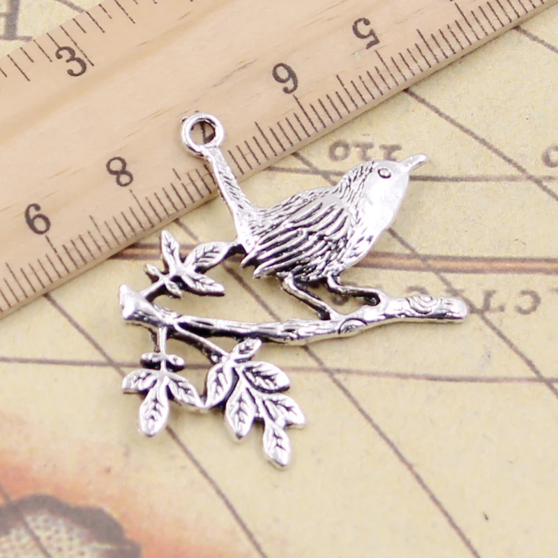 참 버드 스탠딩 브랜치, 티베트 실버 컬러 펜던트, 앤티크 주얼리 제작, DIY 수제 공예, 35x42mm, 10 개