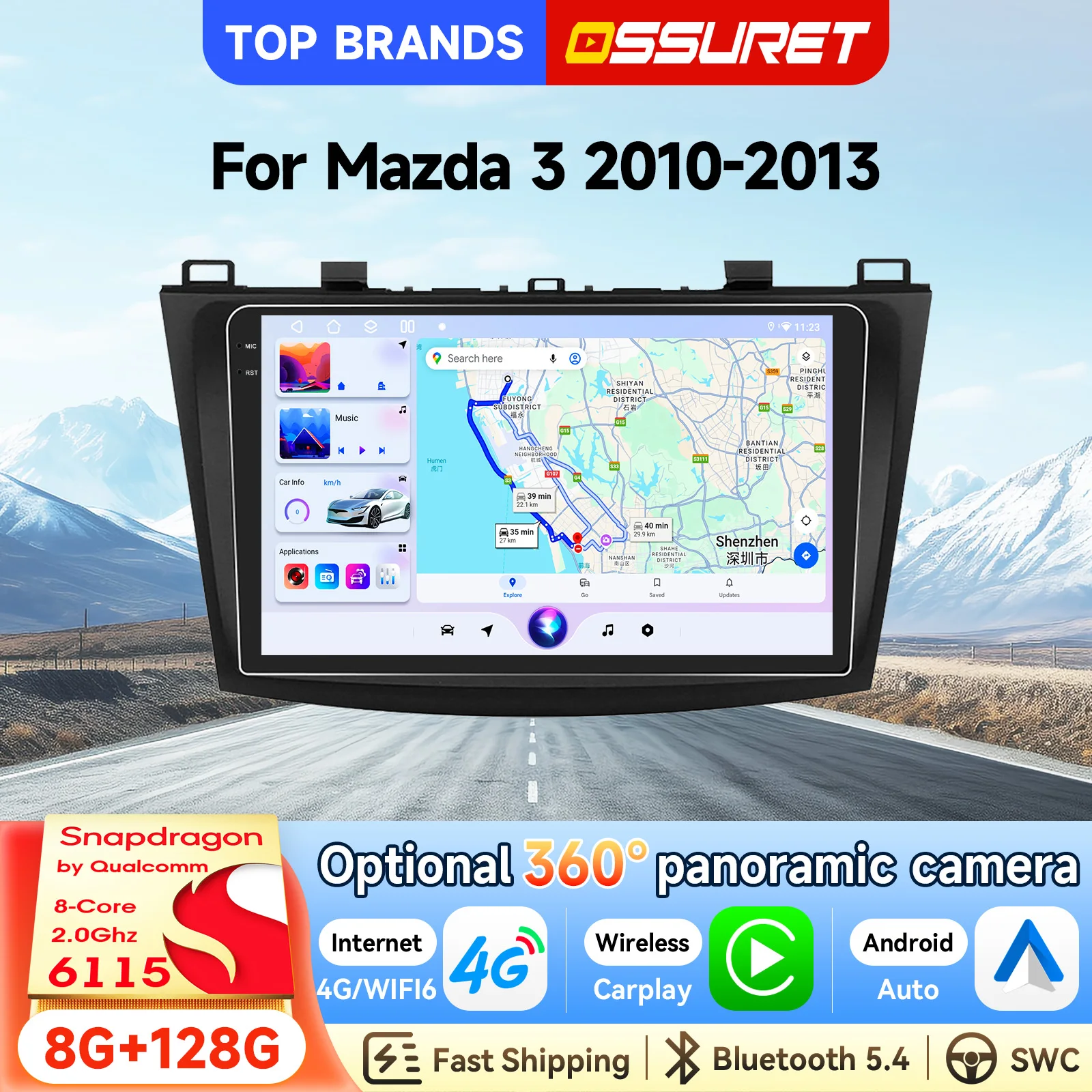OSSURET - Unidad Principal para Auto Android 14 de 9 Pulgadas, Conexión Rápida, para Mazda 3 2010-2013, con Qualcomm Snapdragon 6115 Octa Core, CarPlay Inalámbrico, Android Auto, Bluetooth, Manos Libres, Estéreo, Mirror Link, DSP, CANBUS, GPS, Navegación, Autoradio, Sistema Inteligente para Auto 1