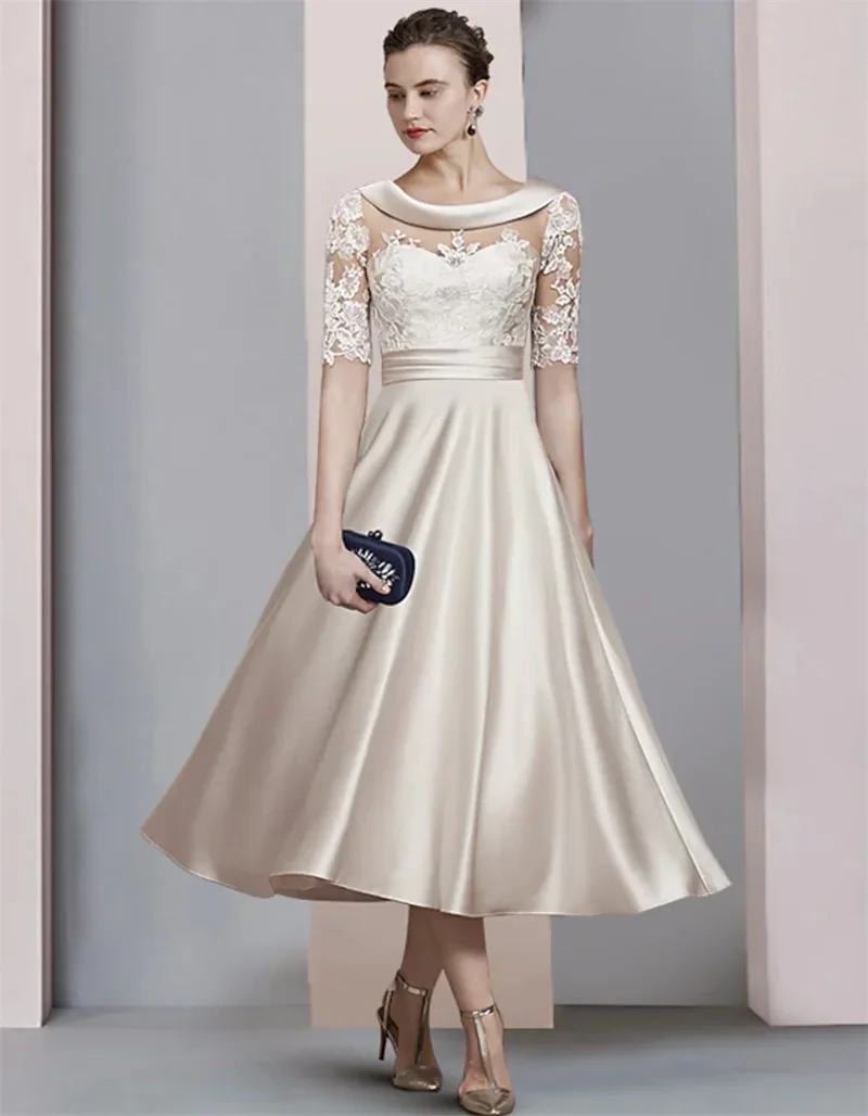 

Mother of the Bride Dress A-Line Scoop Neck Tea Length Satin Lace Half Sleeve with Ruched Appliques