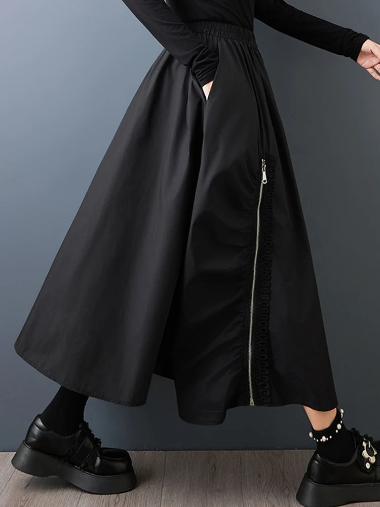 Black Vintage Spliced Zipper Pleated High Waist Skirt Women Plus Size Fashion Loose Casual Long Skirts Clothes Sping Autumn 2025