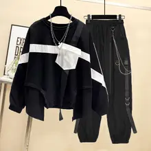  Men's Harajuku Pants Fashion Casual Two-piece Suit Long Sleeve Tshirt + Chain Cargo Pants Men Punk Elastics Waist Trousers Y951 