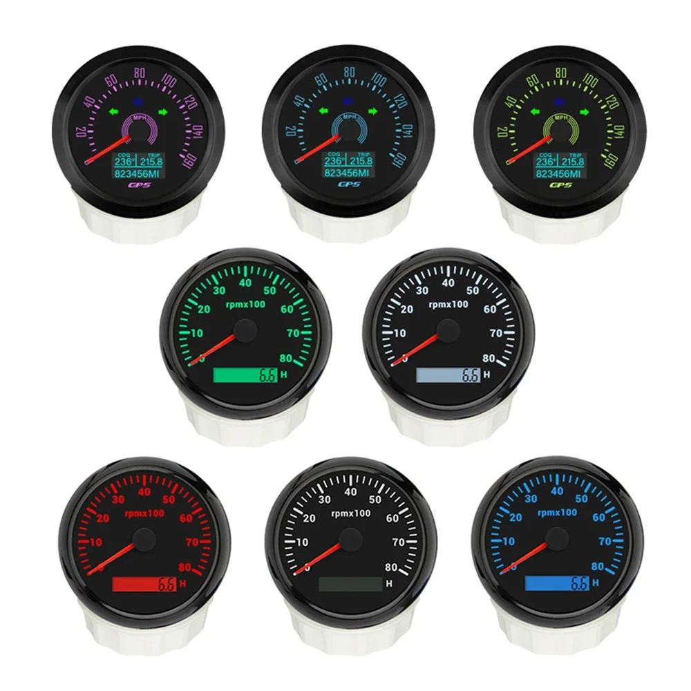 

2 Gauge Set 85mm GPS Speedometer 160MPH 0-200km/h + 0-8000RPM Tachometer with 7 Colors Backlight for Yacht Motorcycle Universal
