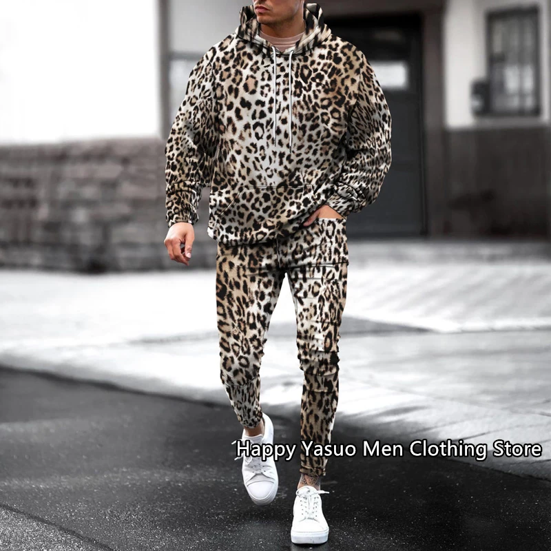 Inactivo cojo orden Chándal con estampado de leopardo para hombre, conjunto de 2 piezas,  Sudadera con capucha de manga larga y pantalones largos, ropa de calle,  otoño e invierno, 2023| | - AliExpress