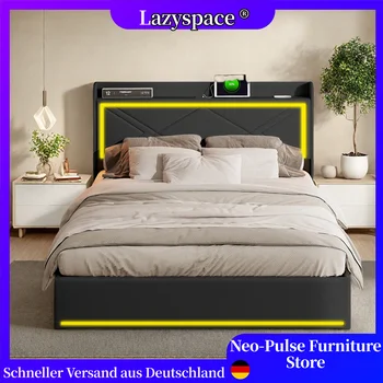 Letto contenitore idraulico Lazyspace PU, struttura letto imbottita, luci a LED per testata del letto, mobili per camera da letto di casa con ricarica USB 1