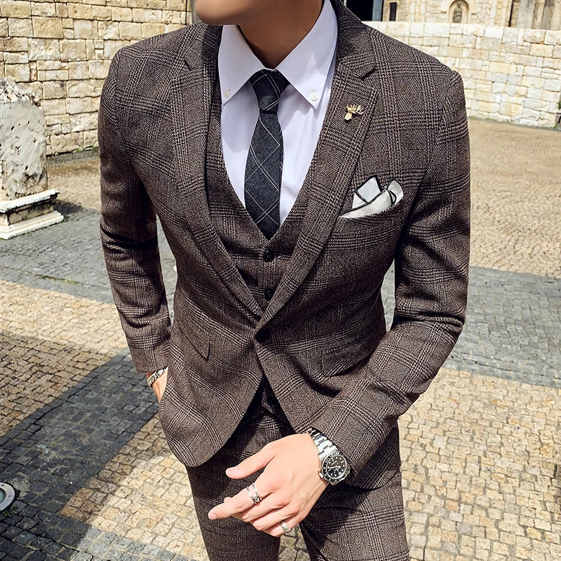 6XL 7XL (Jackets + Vest + Pants) Male Korean Blazers Slim Check British Business Suit Men Three Piece Wedding Bridegroom Man Dress mens suit