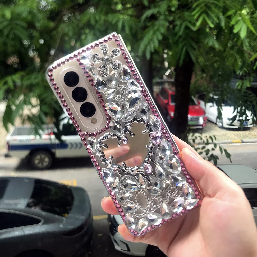Bling Rhinestone Broken Heart Mirror Phone Case with Diamond Flower and Water Drop Crystal Design
