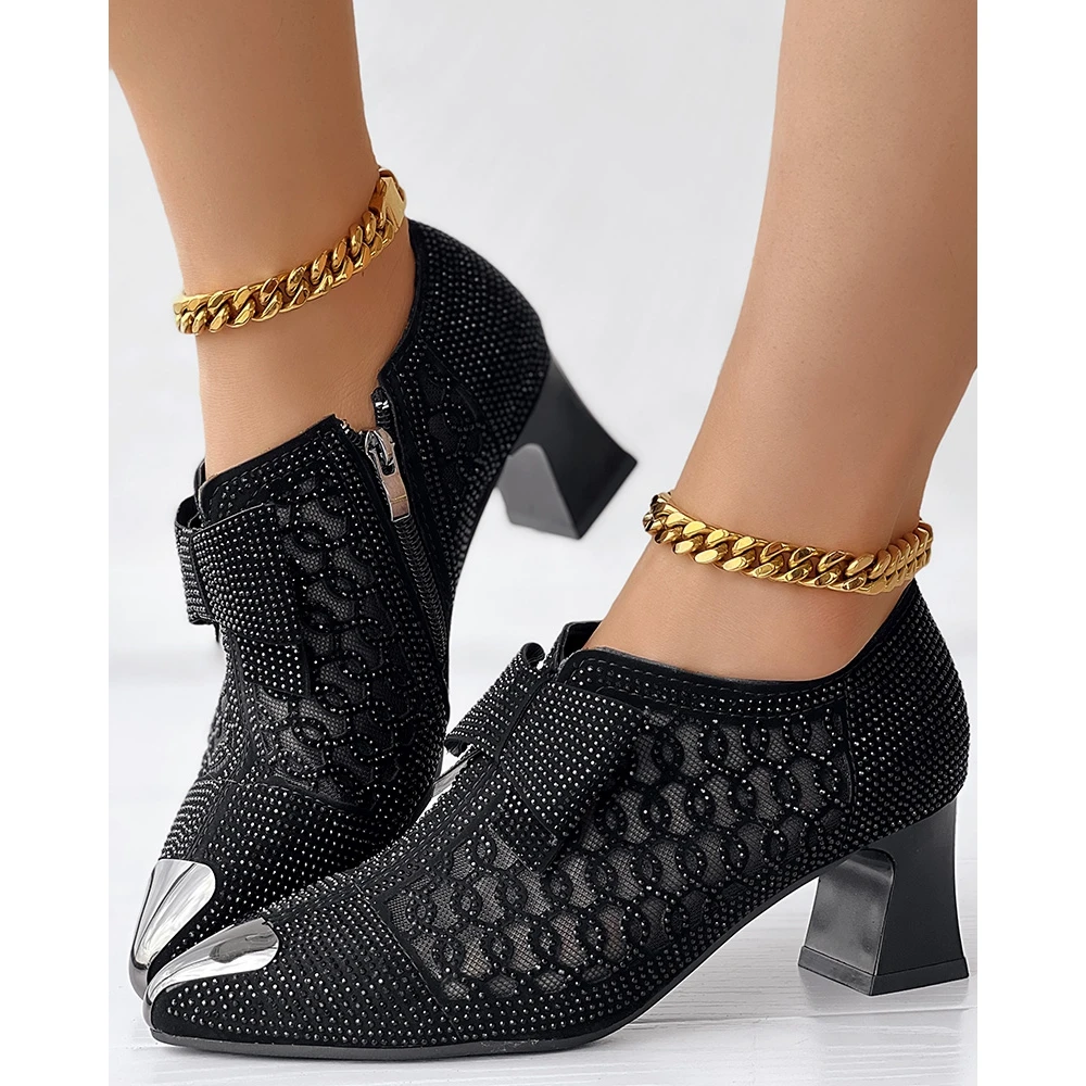 2023 Fashion Women Autumn Rhinestone Bowknot Decor Chunky Heels Femme Pointed Side Zip Ankle Boots Party Workwear Shoes Korean