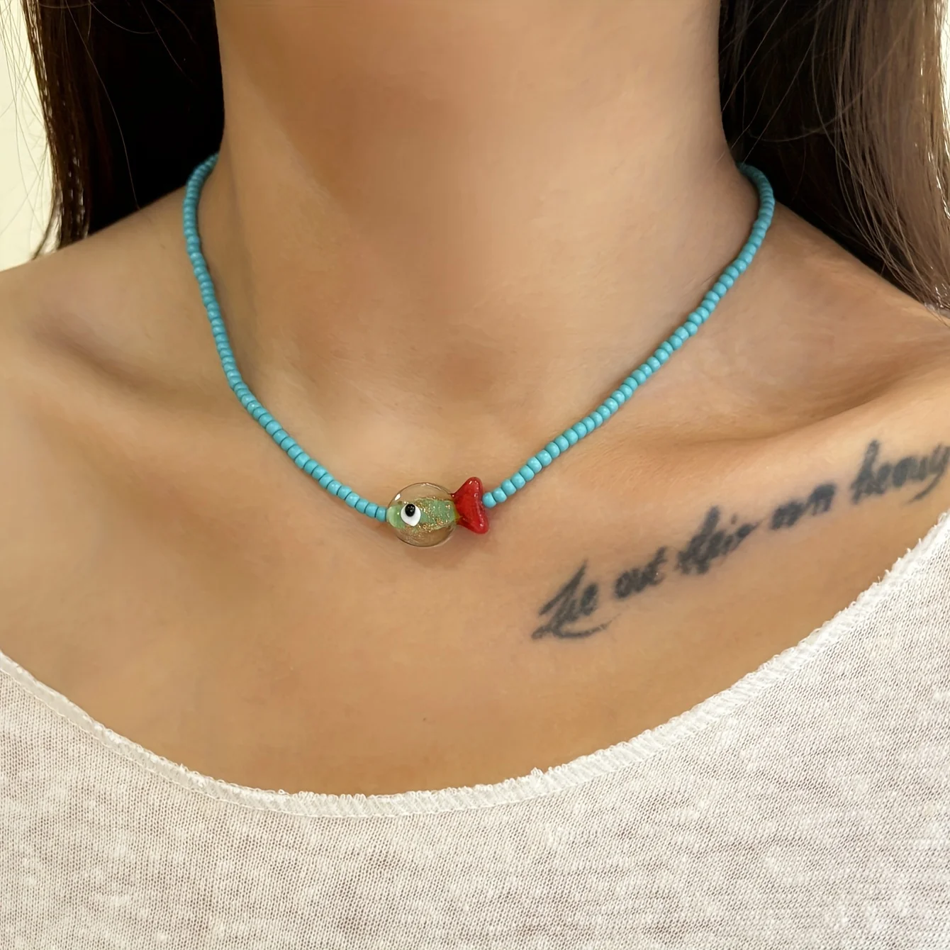 Womens Turquoise Glass Fish Pendant Necklace with Handmade Beaded Choker