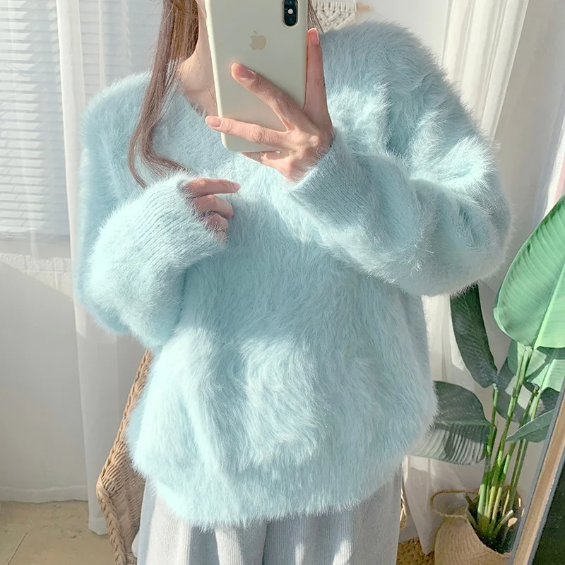 

Mink Cashmere Crop Sweater Elegant Fall 2021 Women Sweater V Neck Lake Blue Knit Pullover Female Warm Long Sleeve Jumper Winter