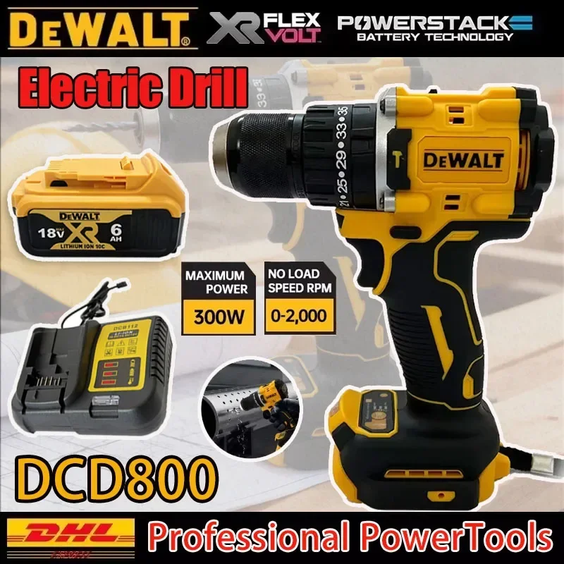 Dewalt DCD800 2000RPM 무선 임팩트 드릴 1/2인치 브러시리스 전기 스크루드라이버 리튬 전동 공구(충전기 포함)
