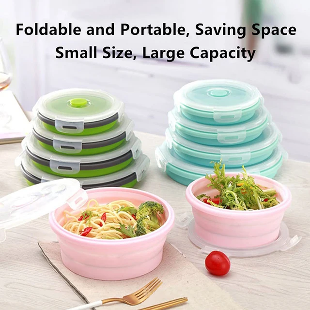 4 Size Silicone Round Folding Lunch Box Collapsible Salad Bowl Portable  Meal Food Snack Storage Container with Lid Tableware Set