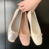 2023 Sweet Bowtie Shoes Woman Silk&Leather Patchwork Ballerinas Ladies Square Pig Nose Toe Mocasines Femmes Silver Flats Ballets 1