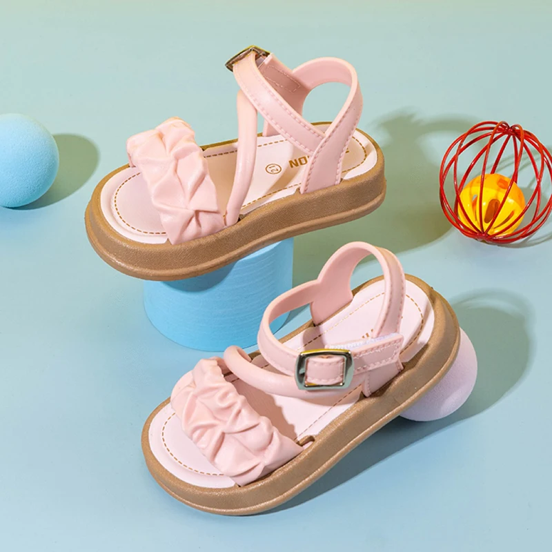 Girls Cute Ruched Pleated Sandals, Comfortable Non-Slip Thick Sole, Breathable Summer Kids Shoes for Daily Wear - 4