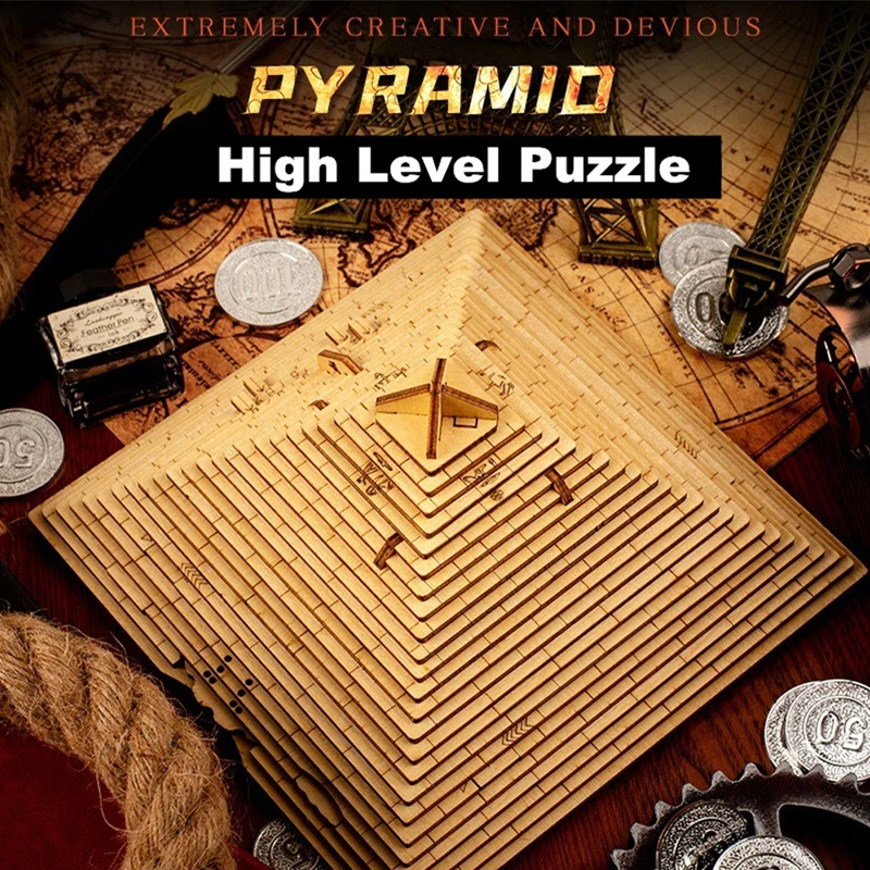 Wooden Decryption Box Mechanism Pyramid IQ Puzzle Game for Adult Time Killer Brain 10Levels Degree Game Toy Puzzle