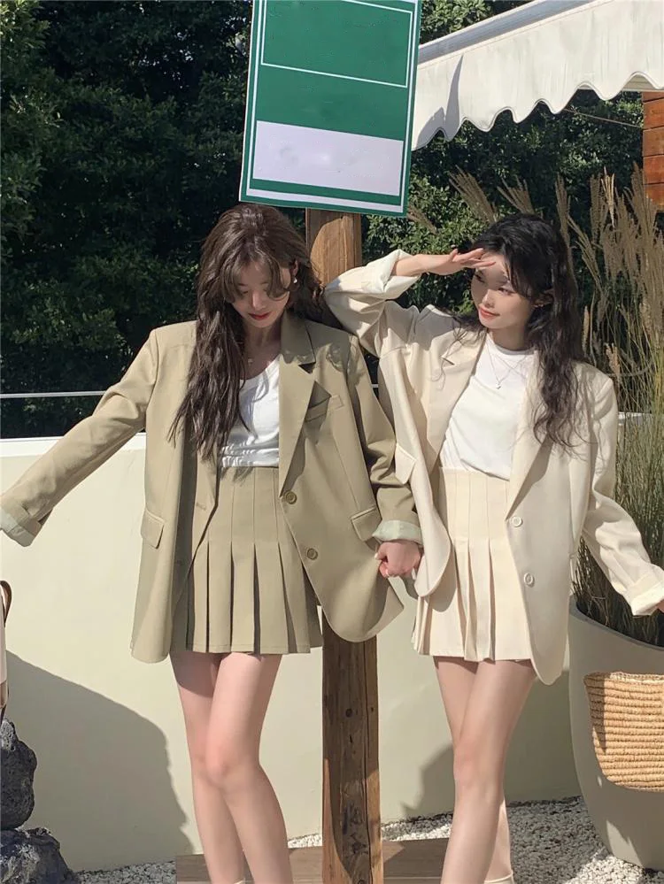 Korean Fashion Solid Two-piece Skirt Set Women Single Breasted Blazer Coat + Pleated Mini Skirt Autumn Office Lady Casual Suits