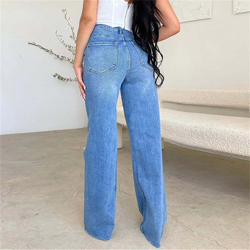 Fashion Knee Broken Holes Hollow Out Straight Jeans Women High Waist Button Splicing Denim Pants Female Casual Wide Leg Trousers