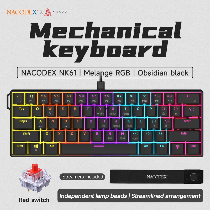 Ajazz NK61 60% Teclado Mecânico Com Fio Cor Misturada RGB Hot-Swap