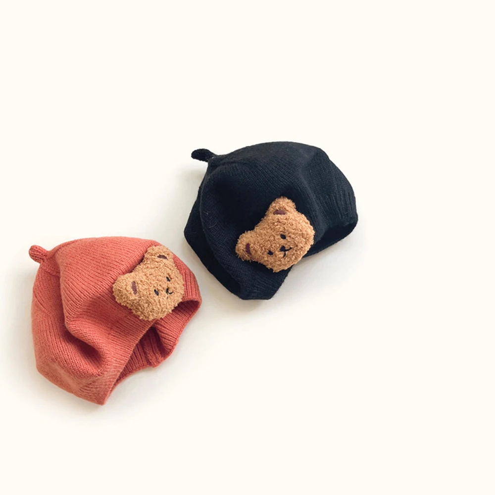 Cartoon Bear Knit Candy Colors Painter Hat for Baby Girls Hair Accessories Children Knitted Beret Cap Newborn Cute Headwear 0-4T 6