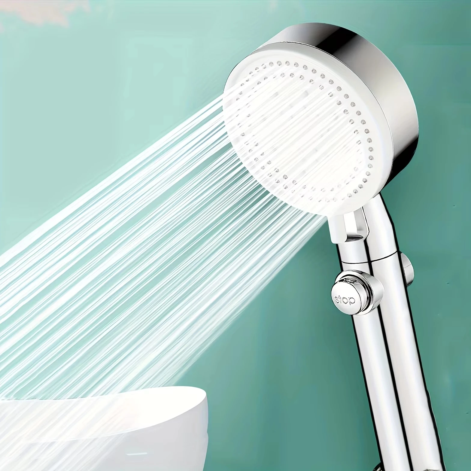 Shower Head Adjustable Silver Bathroom Shower Head High Pressure Stop Switch Water Saving Hose and Support