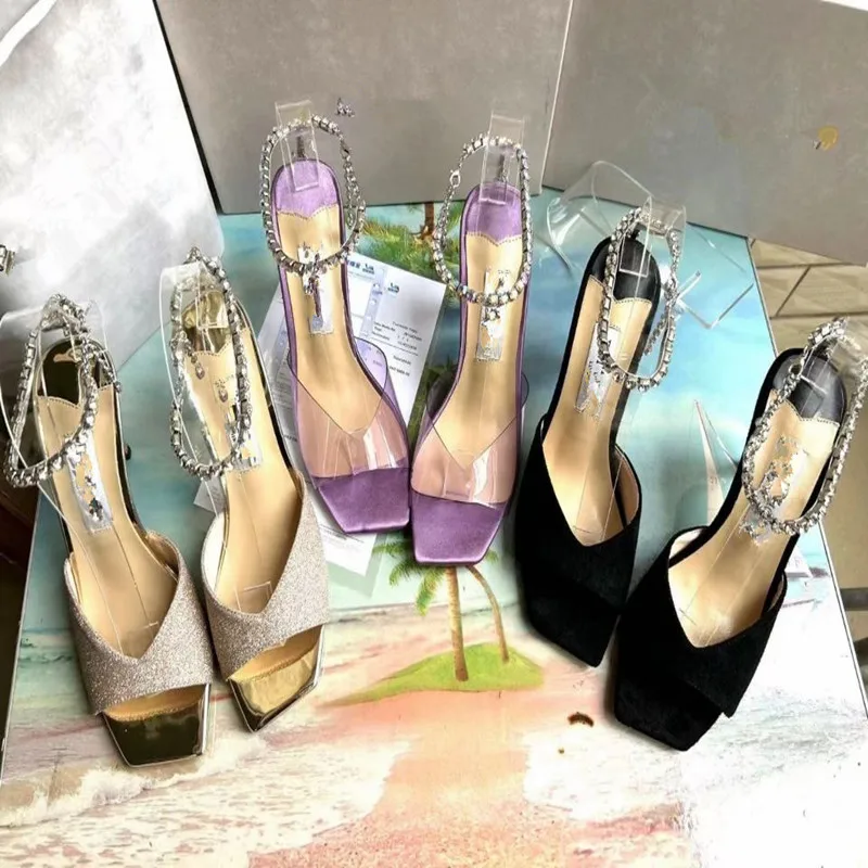 Women's Sandals 2023 Summer New High Heel Fashion Banquet Crystal Rhinestone Chain Square Head Thin Heel Open Toe Roman Sandals