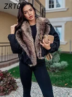Street Faux Fur Patchwork Cropped Coats Women Loose Lapel Full Sleeve Pockets Warm Jackets 2025 Winter Lady Fashion Outwear 4