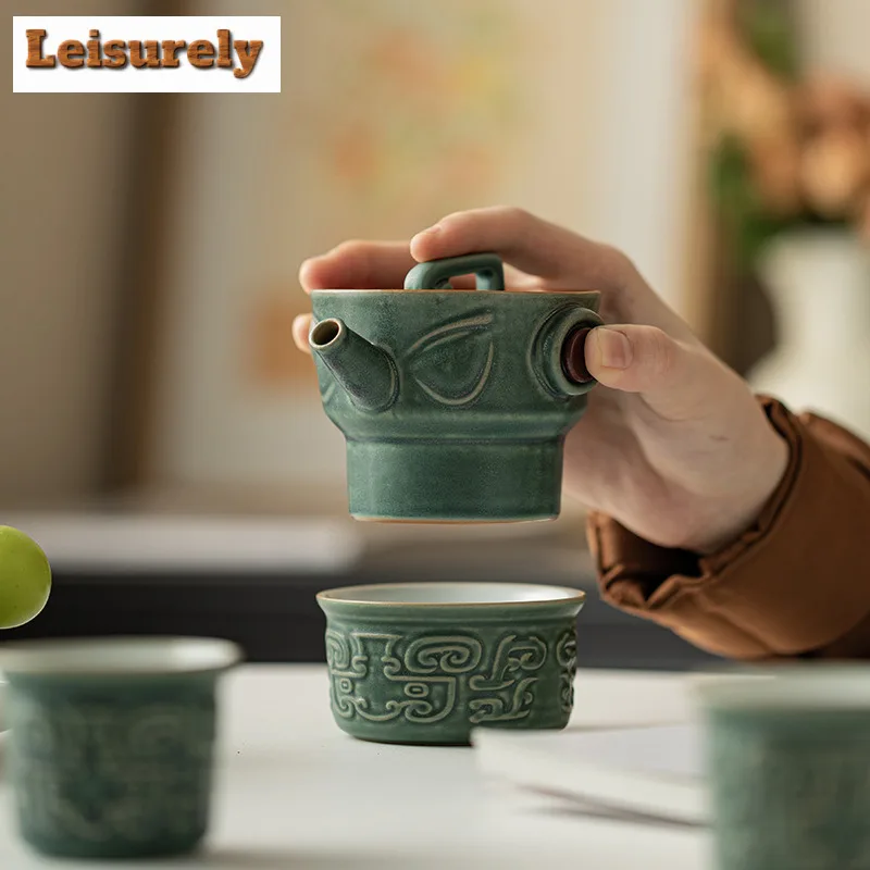 Chinese Sanxingdui Culture Portable Travel Teaset Kit Zen Tea Maker Teapot And Cups Outdoor Portable Leather Bag Tea Accessories