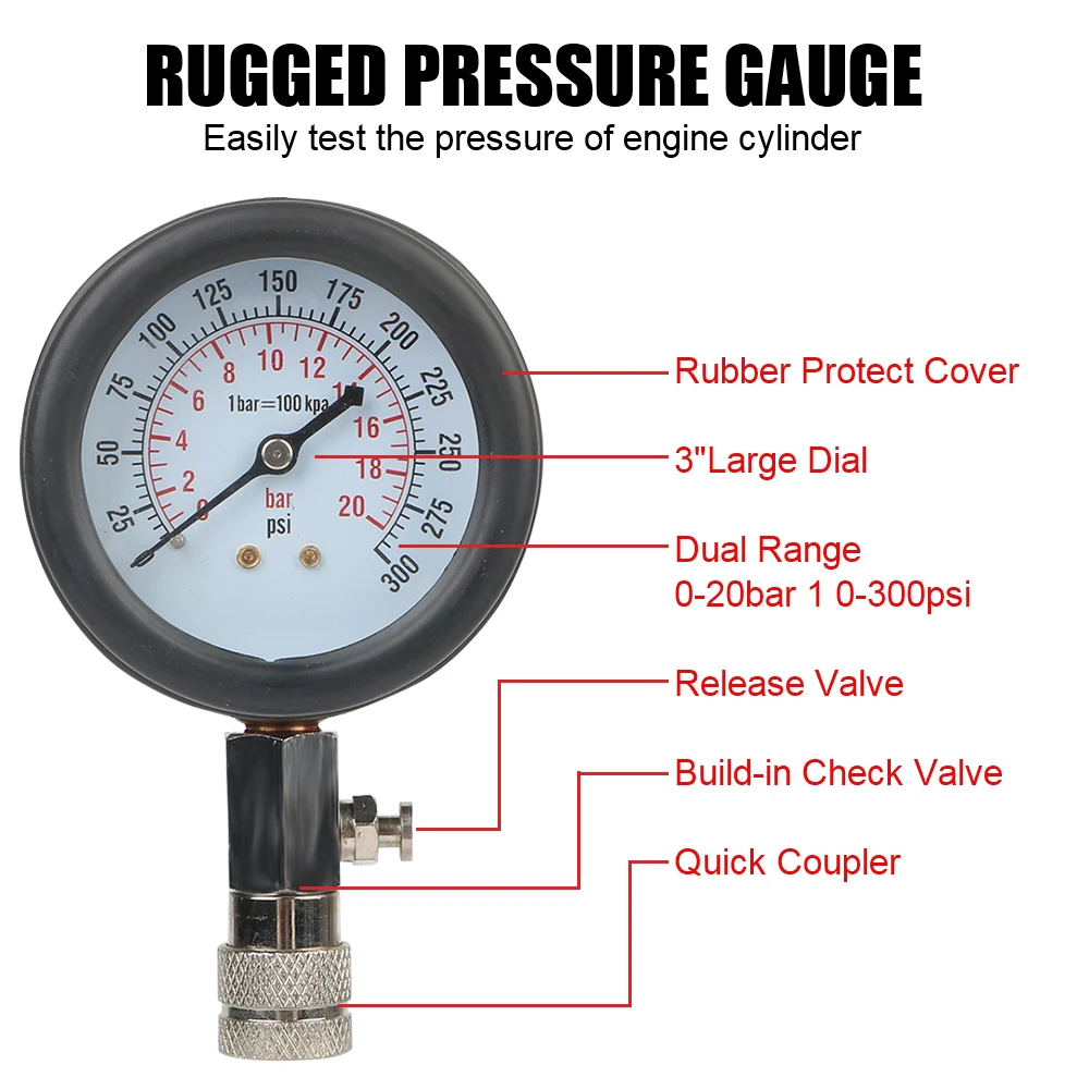 Car Tester Cylinder Test Pressure Gauge M10 M12 M14 M18 Adapter Gasoline Compression Meter Automotive Accessories Motorcycle 4