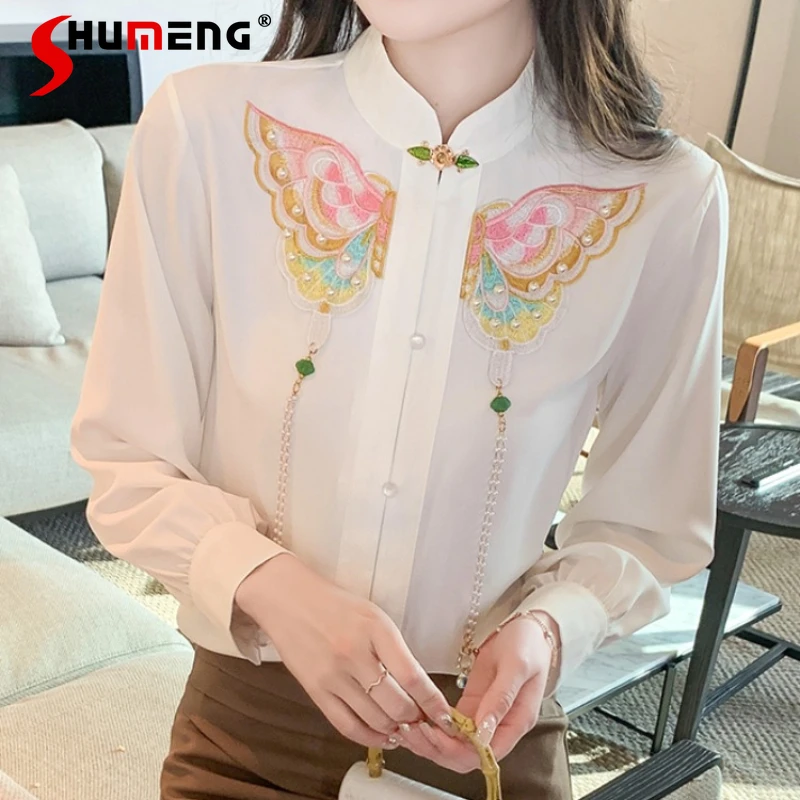 2024 Spring Stand Collar Chiffon Blouse Long Sleeve National Style Buckle New Chinese Embroidered Shirt Women's Retro Top Camisa men s front pocket letter california los angeles embroidered quarter zip fluffy textured sherpa fleece pullover teddy sweatshirt and ethnic style pais