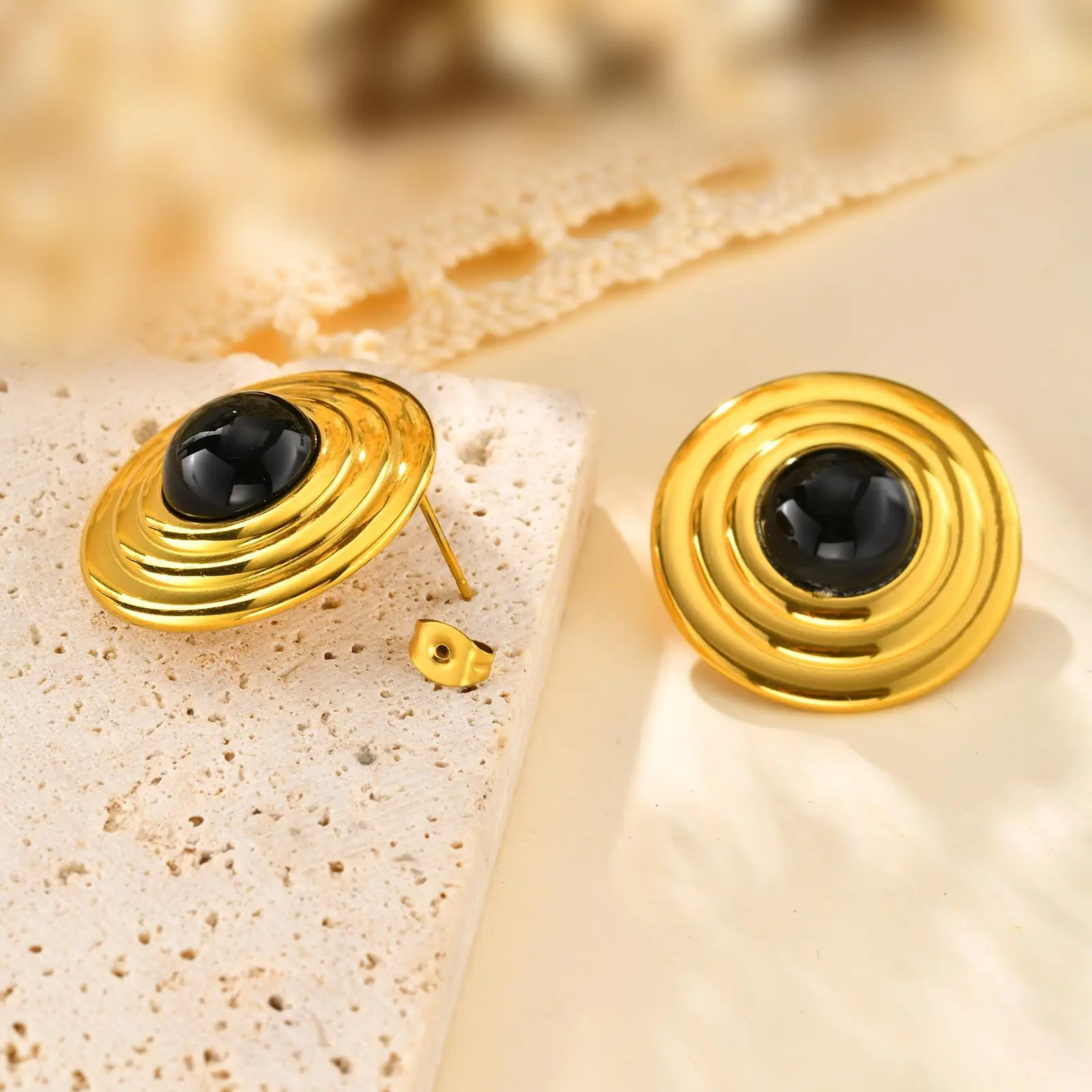 Black Natural Stone Stainless Steel Round Stud Earrings for Women