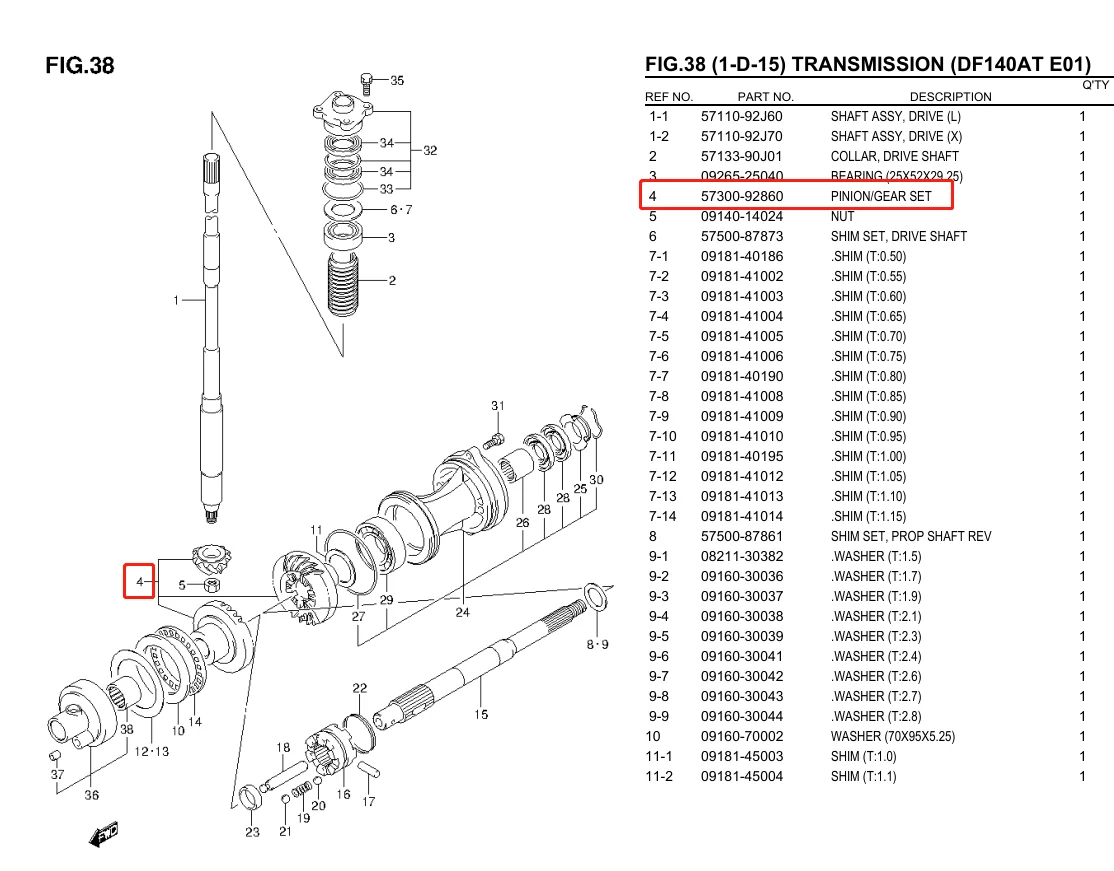 Boat Motor Parts 57300-92862 Foward Reverse Pinon Gear Kit For Suzuki Outboard Motor 4T DF100 DF115 DF140 2014 up