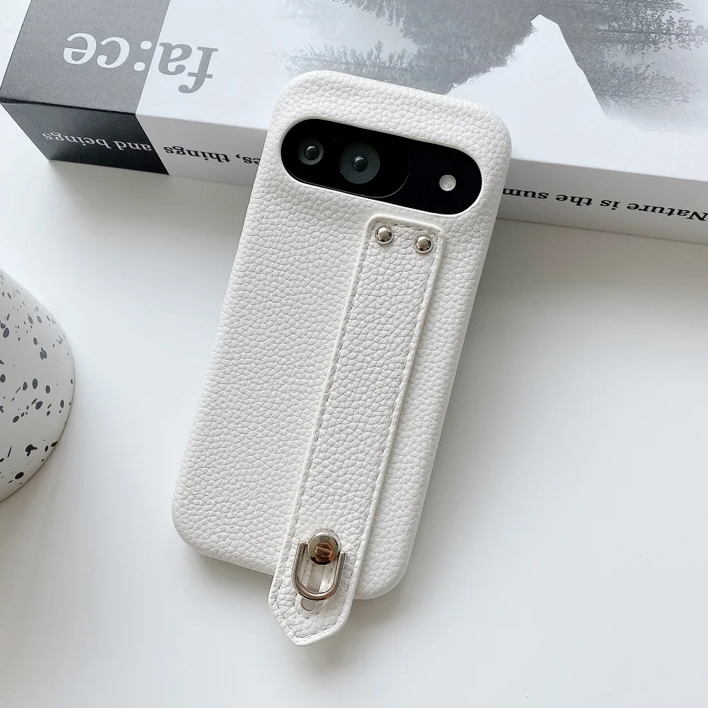 Lichee Pattern Leather Phone Case with Wrist Strap and Bracket - Protective Back Cover