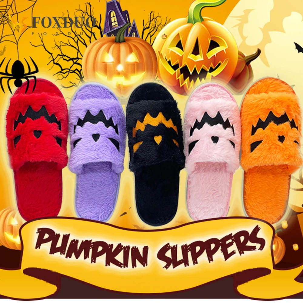 

Halloween Slippers Spooky Slides Jack O Lantern Pumpkin Slippers Women Men Flat Soft Plush Cozy Indoor Fuzzy Women House Shoes
