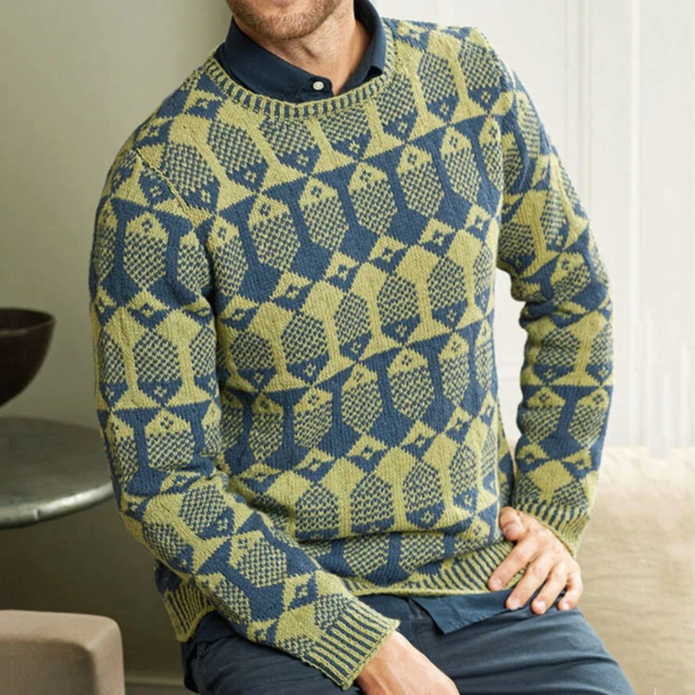 

Mens Autumn Winter Warm Thickened Knit Geometric Jacquard Long Sleeve Pullover Pattern Round Neck Sweater Fitting Men Sweater