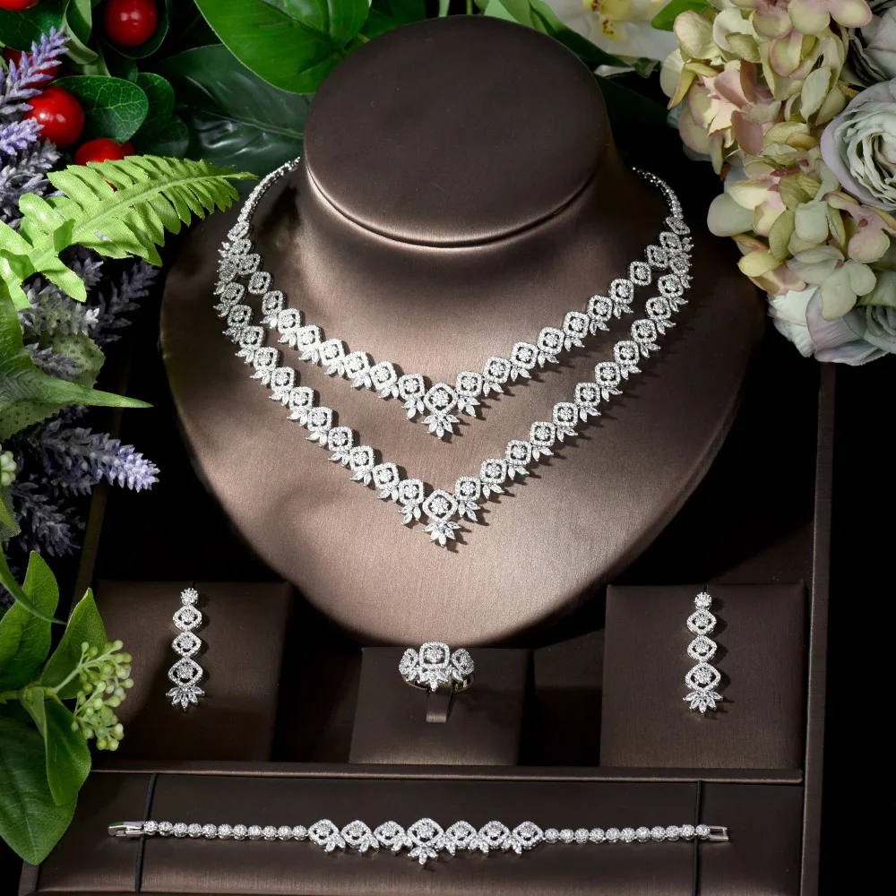

Fashion Vintage Square Design 4pcs Necklace and Earring Set Two Layers Cubic Zirconia Jewelry Sets for Women Bridal Party N-985