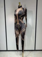 Sexy Long Sleeves Print Rhinestone Jumpsuits Drag Queen Show Stage Performance Costume Women Evening Party Nightclub Rompers - Image 2